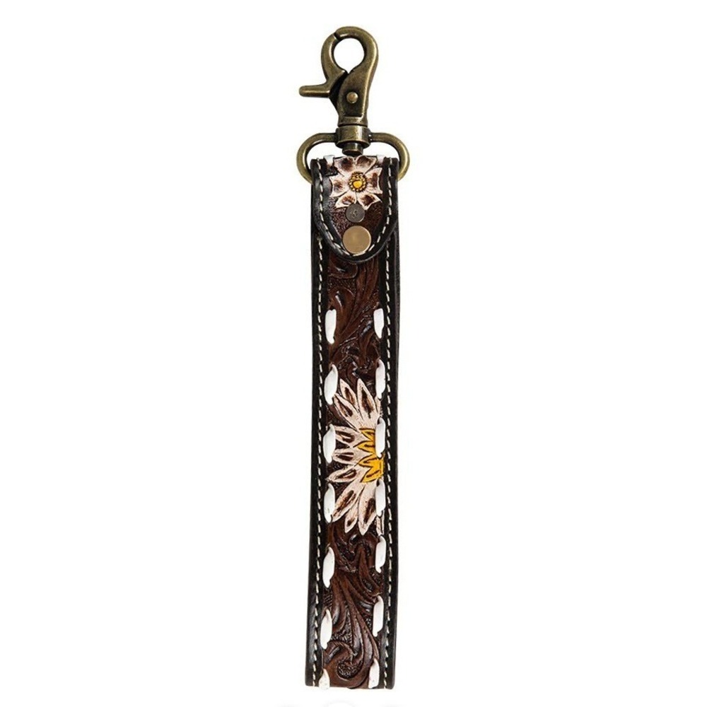 Myra Bag Eagle Range Sunflower Keychain FOB Turquoise Tooled Leather S-7548 - Picture 2 of 2